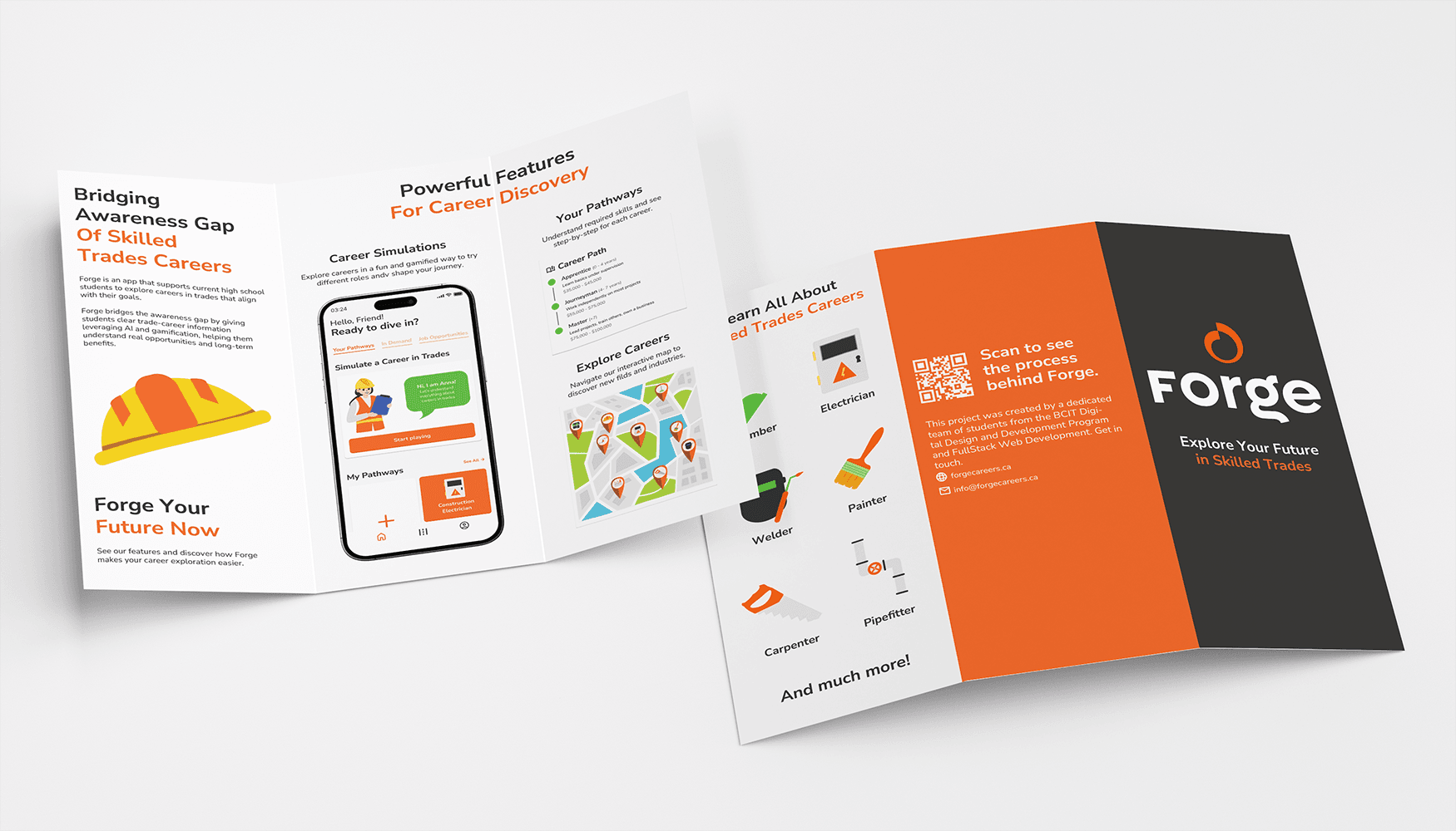 Forge tri-fold brochure: Bridging Academia Gap, app features, Explore Your Future Now